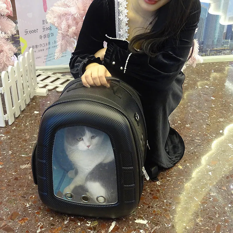Pet capsule backpack in pink with transparent dome and top handle, for cats and dogs up to 12 kg