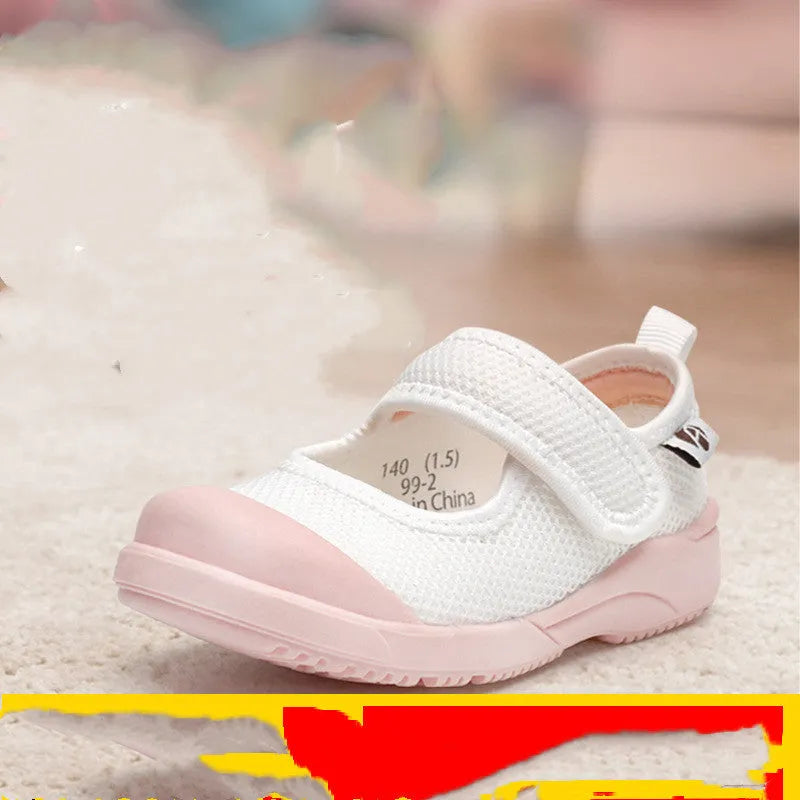 White and pink toddler cloth shoes with Velcro straps and breathable mesh upper