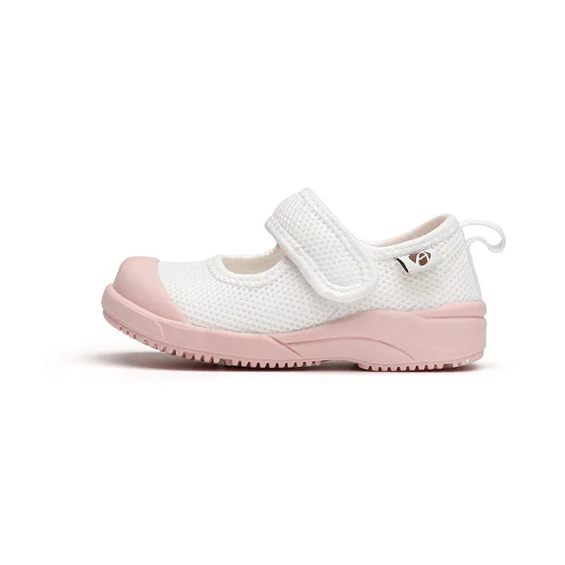White and pink toddler cloth shoes with Velcro straps and breathable mesh upper