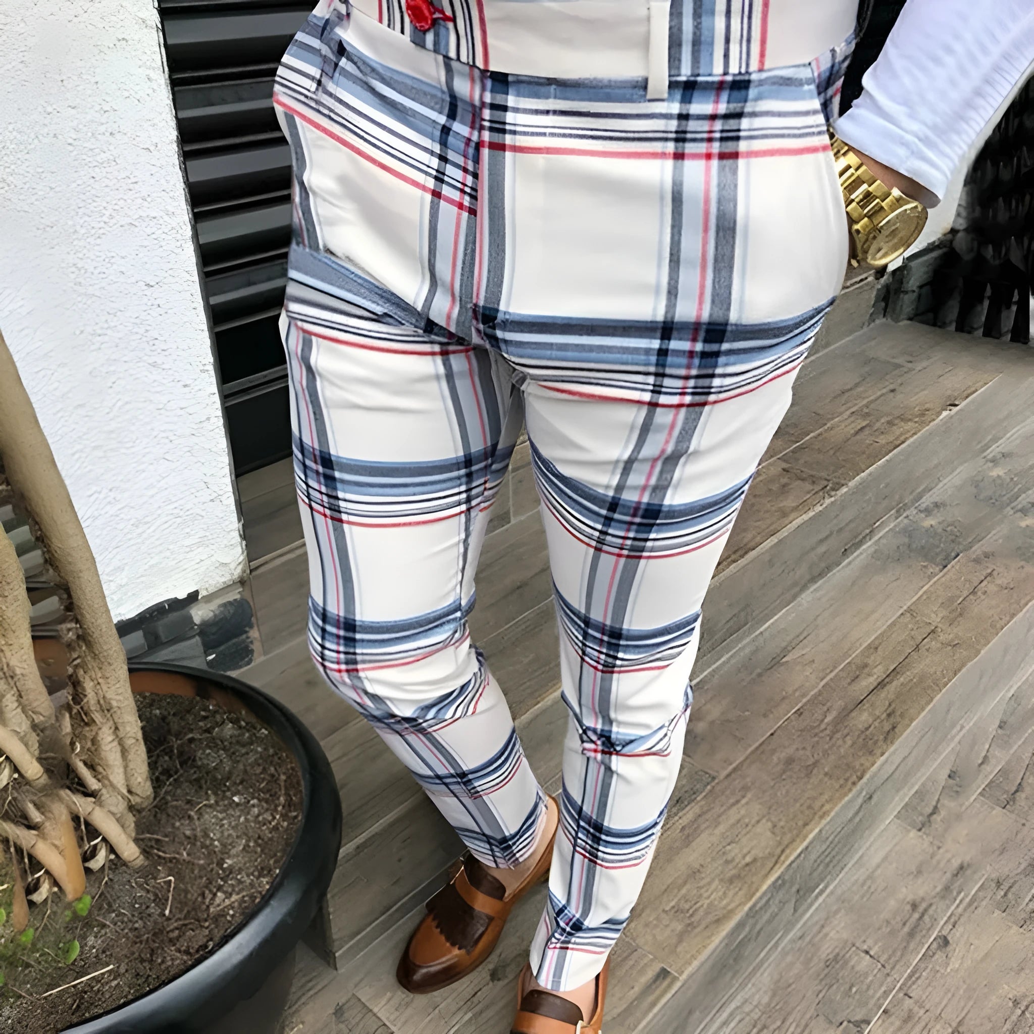 Men's slim fit plaid pants in grey, blue, and pink – streetwear trousers with straight leg