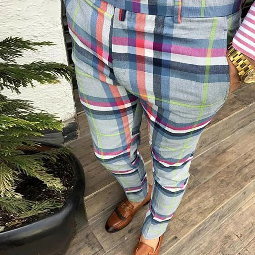 Men's slim fit plaid pants in grey, blue, and pink – streetwear trousers with straight leg