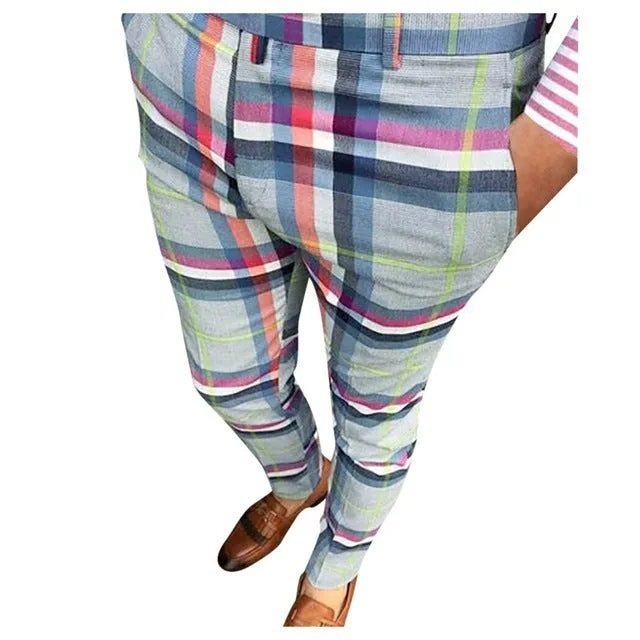 Men's slim fit plaid pants in grey, blue, and pink – streetwear trousers with straight leg