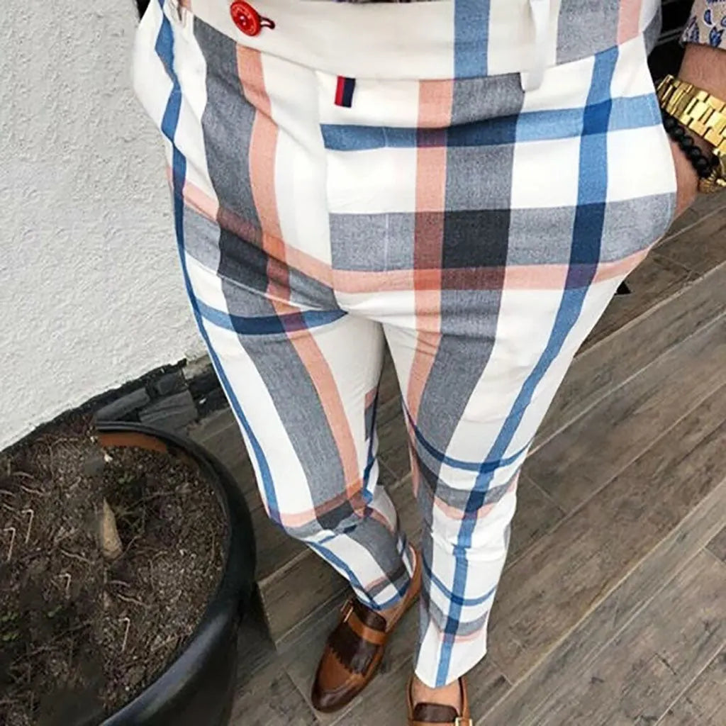 Men's slim fit plaid pants in grey, blue, and pink – streetwear trousers with straight leg