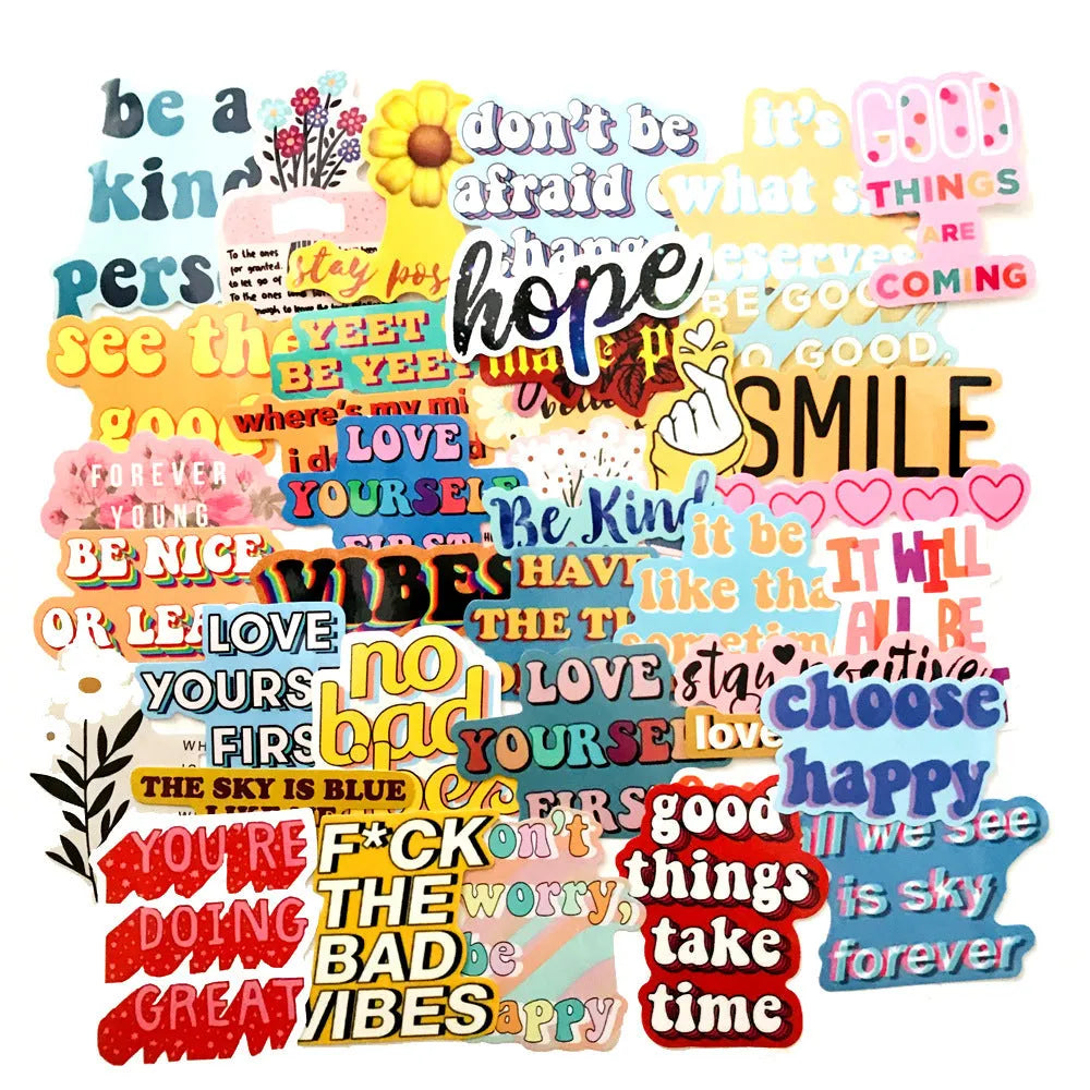 40 inspirational English graffiti stickers, waterproof PVC, 0.08 mm thick, irregular cartoon decals for trolley case and laptop