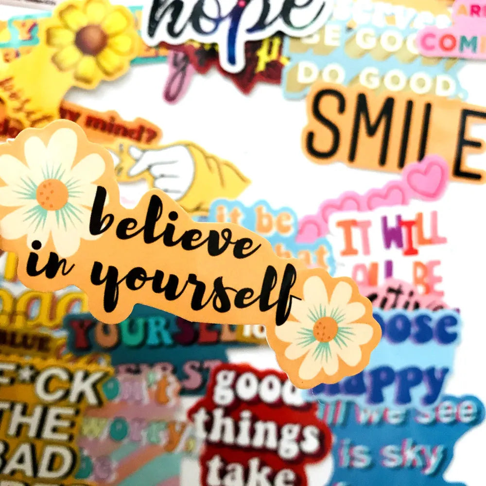 40 inspirational English graffiti stickers, waterproof PVC, 0.08 mm thick, irregular cartoon decals for trolley case and laptop