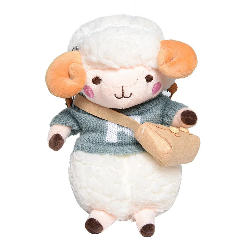 Soft blue plush crossbody bag with a lamb pattern, showing zip opening and shoulder strap.