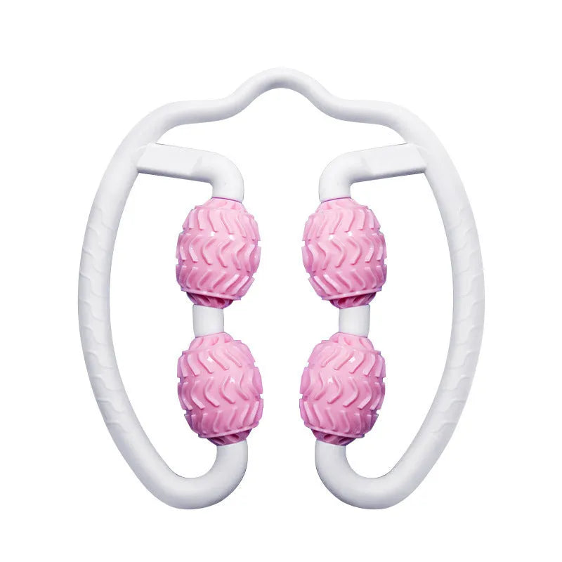 Purple and pink annular silicone leg massage roller for manual muscle recovery