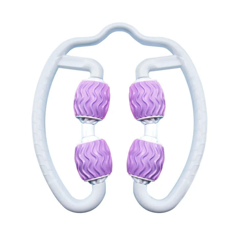 Purple and pink annular silicone leg massage roller for manual muscle recovery