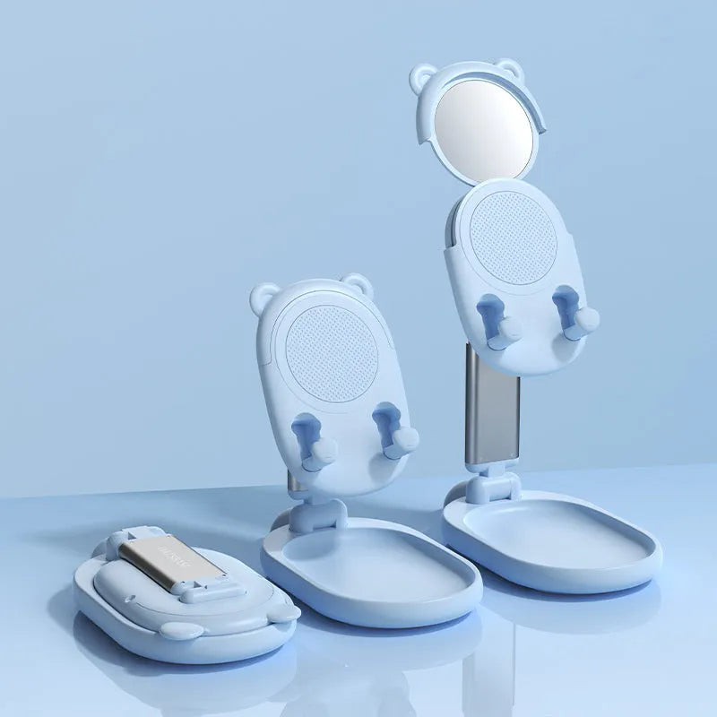 Adjustable desk phone holder with mirror for Apple iPhone and iPad on a table