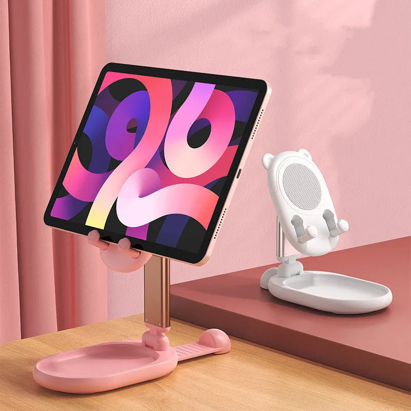 Adjustable desk phone holder with mirror for Apple iPhone and iPad on a table