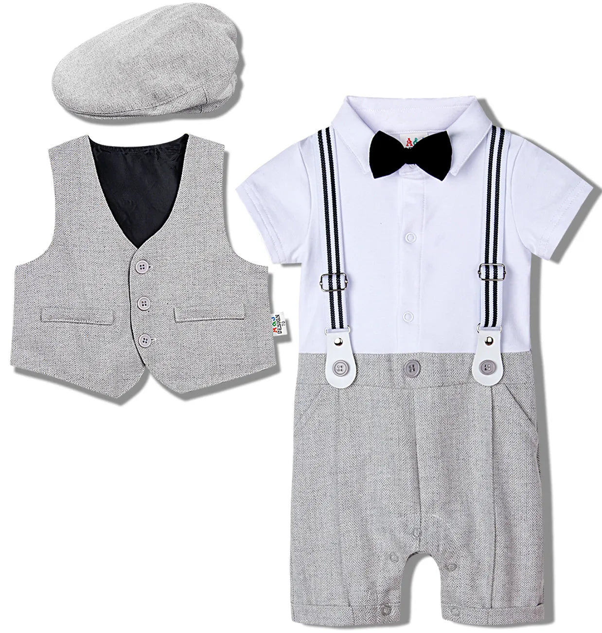 Baby boy one-piece gentleman suit in British style single-breasted cotton polyester blend light grey