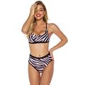 High waist split printed bikini set in polyester fabric shown on a model, available in S M L XL sizes
