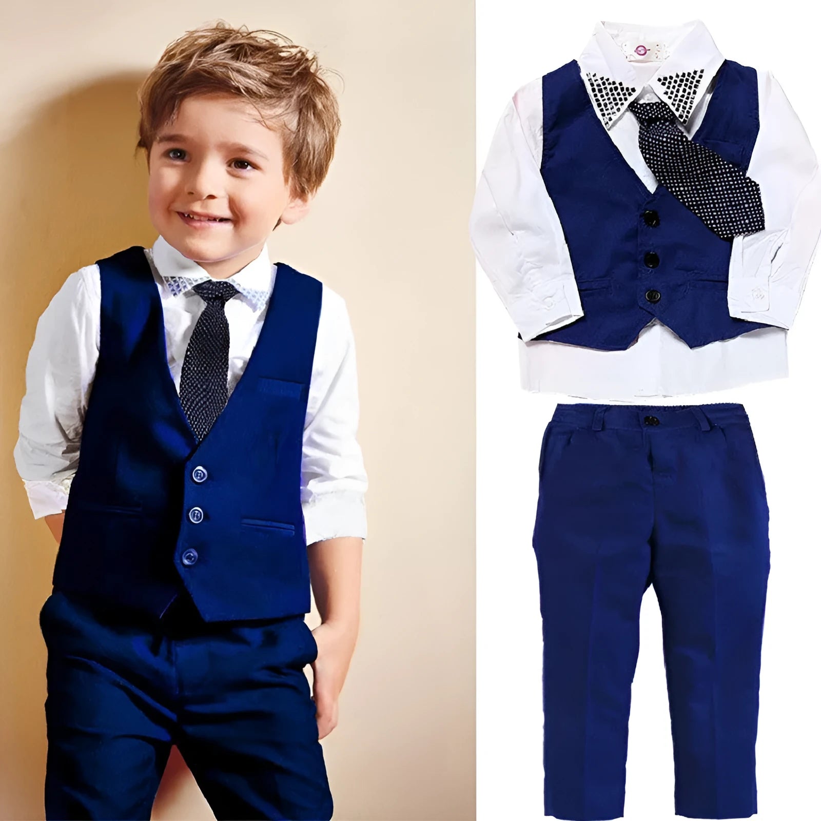 Boys blue suit set with turtleneck, vest, tie and trousers for toddlers sizes 2T to 7T