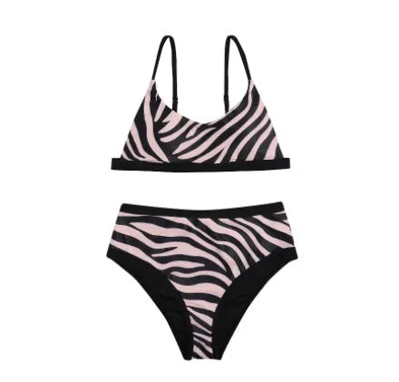 High waist split printed bikini set in polyester fabric shown on a model, available in S M L XL sizes