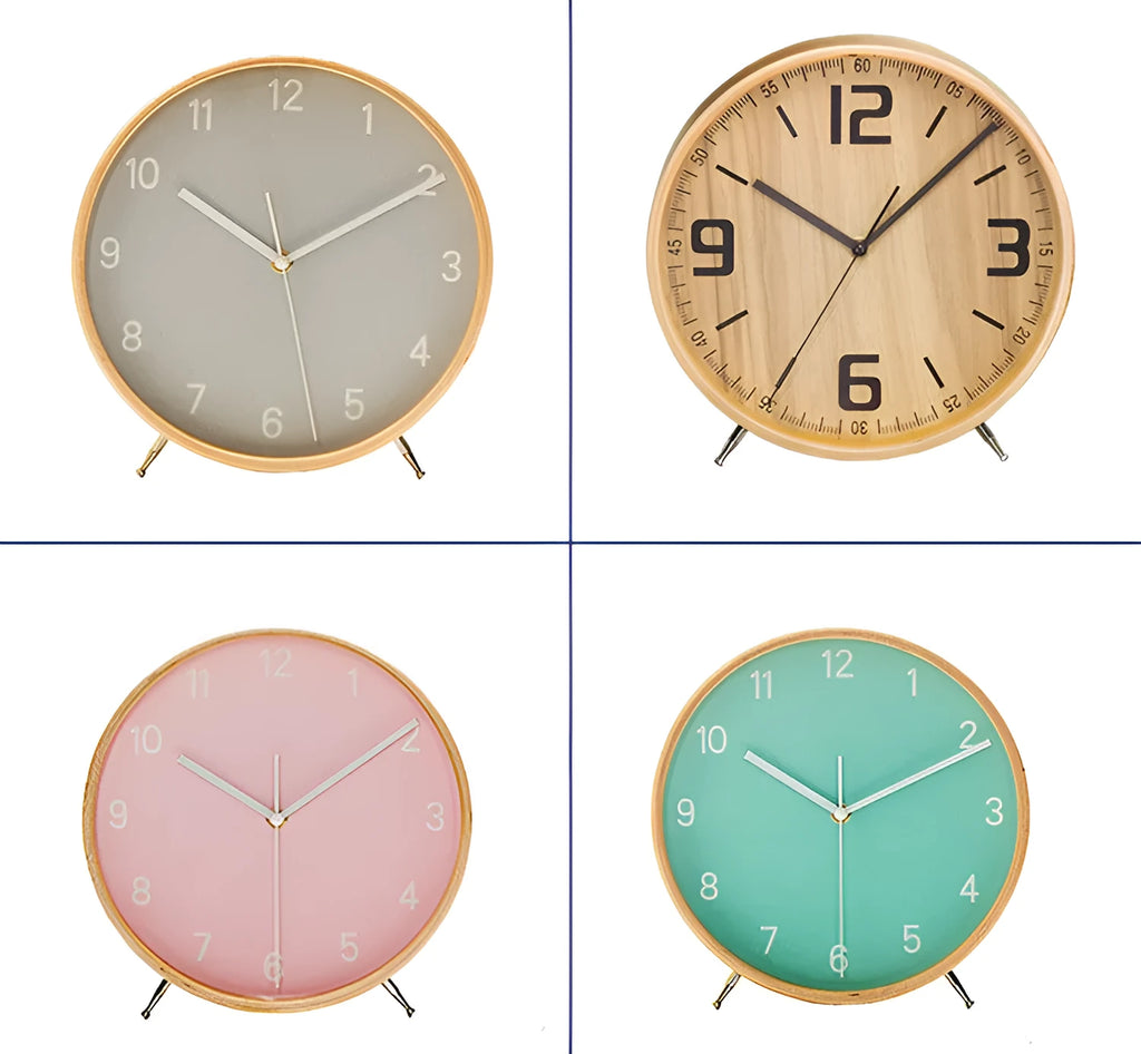 Round wood quartz table clock with sweep second movement in green finish on a wooden surface