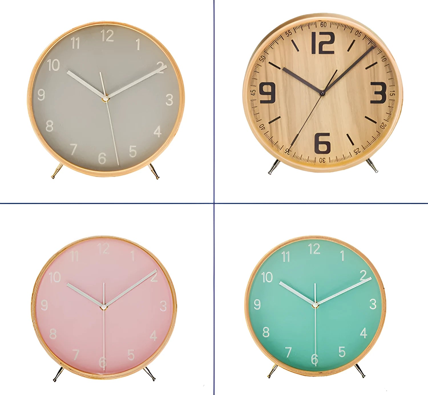 Round wood quartz table clock with sweep second movement in green finish on a wooden surface