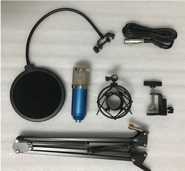 BM800 condenser microphone set with metal shock mount and spray net on cantilever bracket