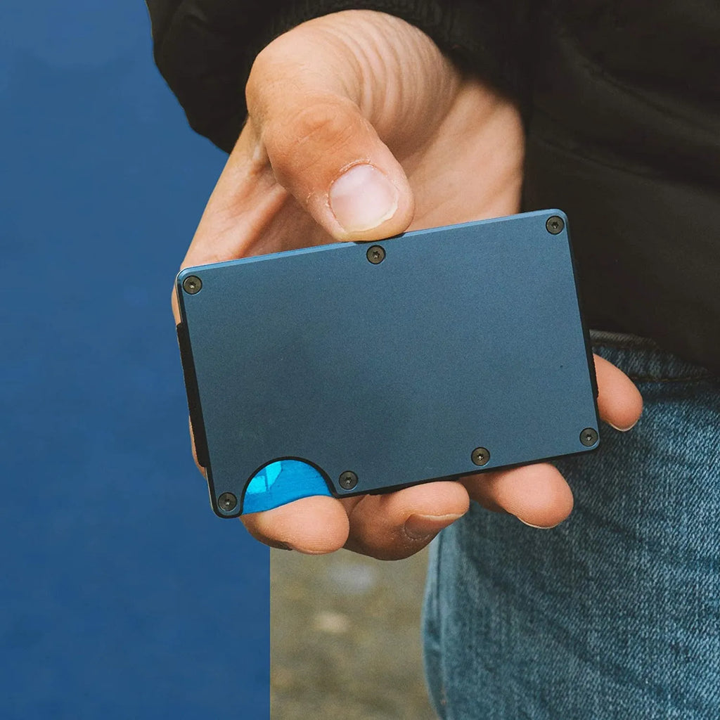 Mens RFID blocking slim money clip wallet in aluminium and stainless steel, 86x55x8mm, holds 1-12 cards, Gold Blue Black