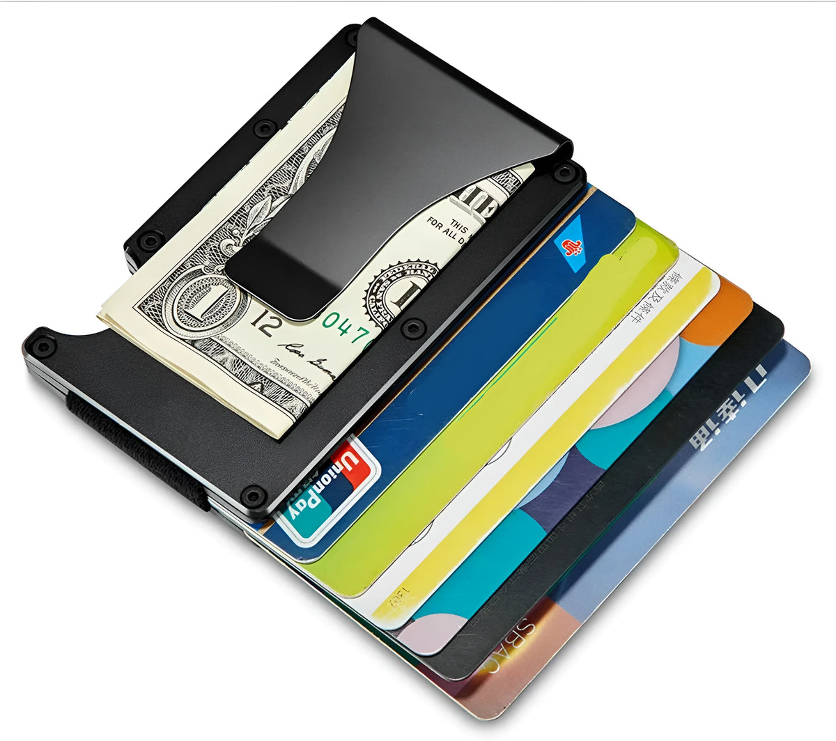 Mens RFID blocking slim money clip wallet in aluminium and stainless steel, 86x55x8mm, holds 1-12 cards, Gold Blue Black