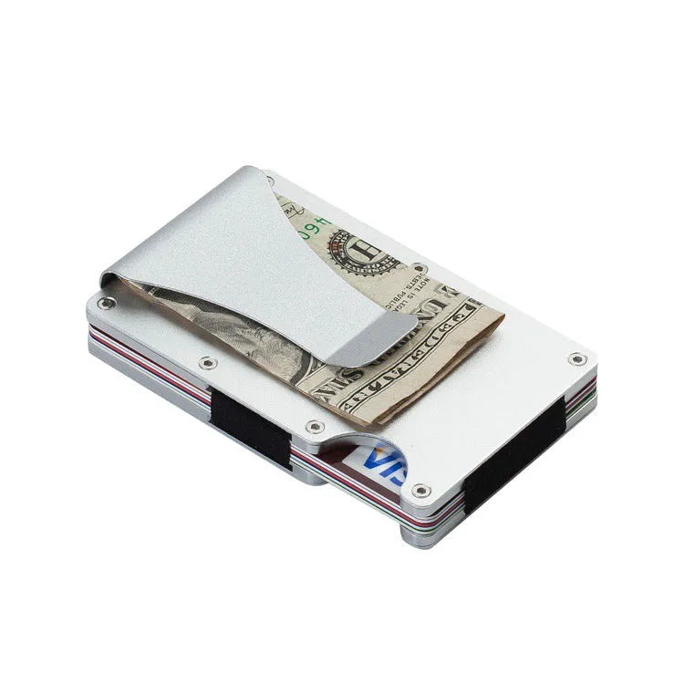 Mens RFID blocking slim money clip wallet in aluminium and stainless steel, 86x55x8mm, holds 1-12 cards, Gold Blue Black