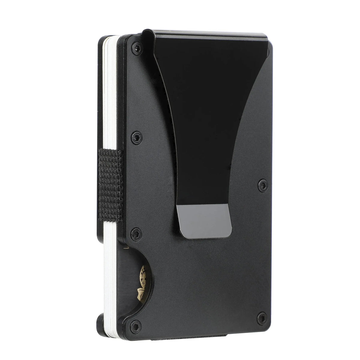 Mens RFID blocking slim money clip wallet in aluminium and stainless steel, 86x55x8mm, holds 1-12 cards, Gold Blue Black
