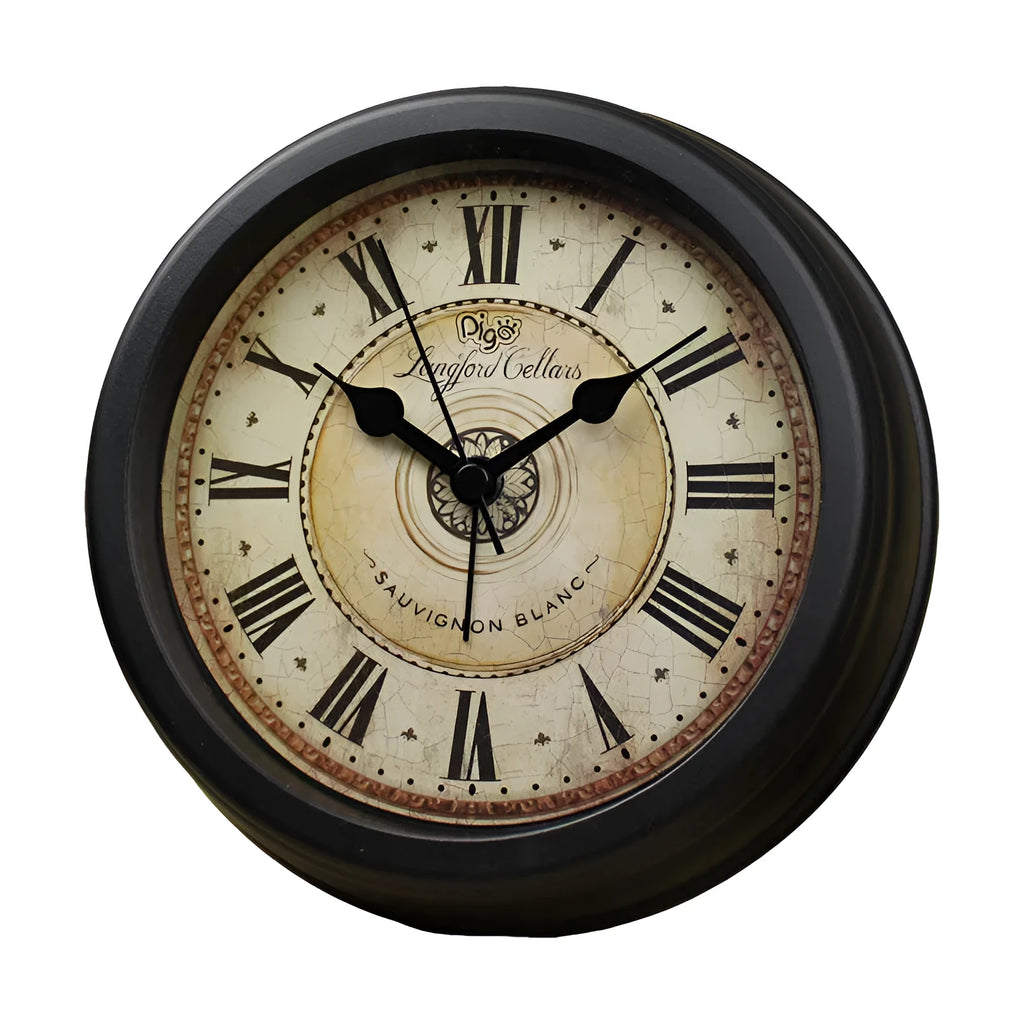 A round 6-inch retro European style desk alarm clock with a silent sweep movement on a wooden surface.