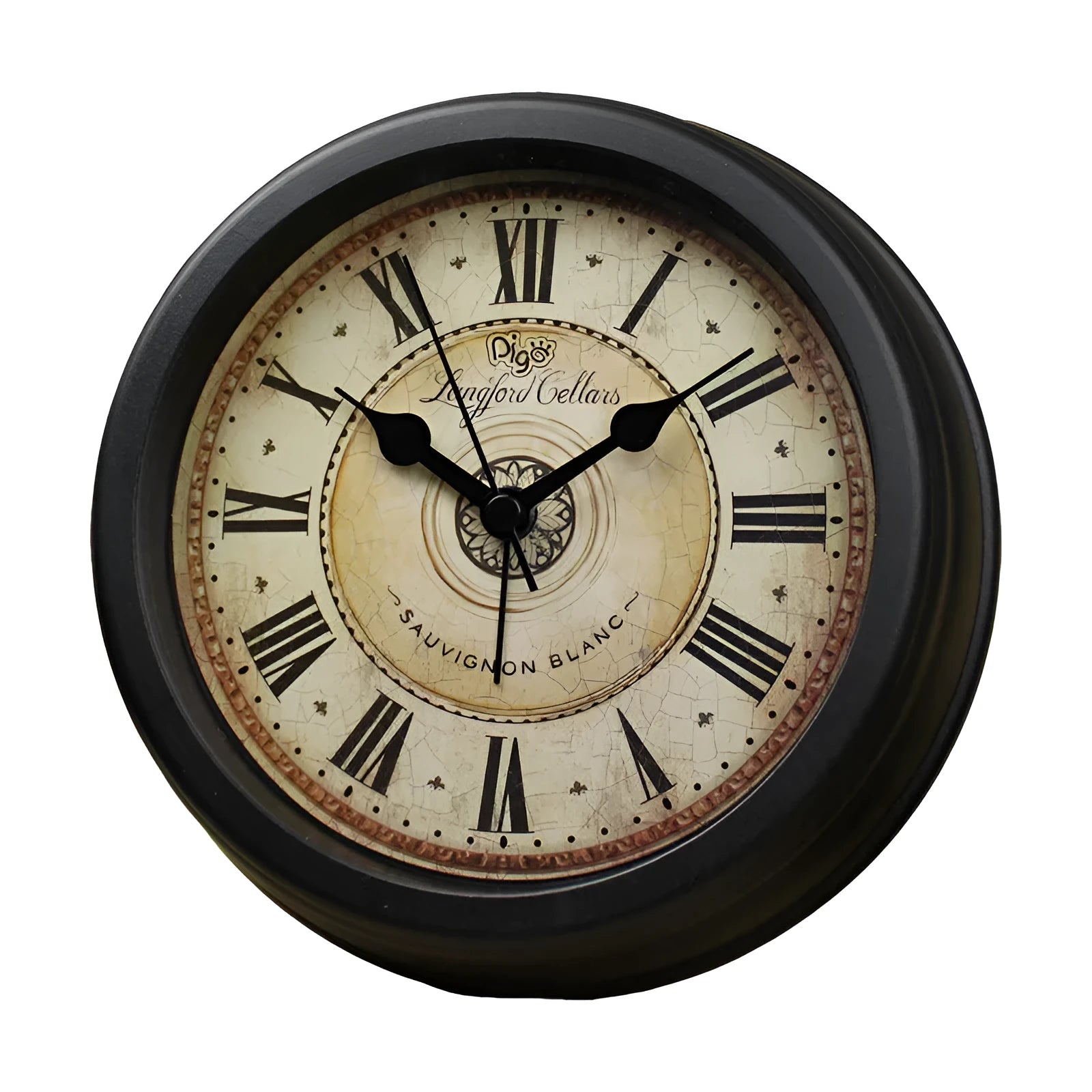 A round 6-inch retro European style desk alarm clock with a silent sweep movement on a wooden surface.