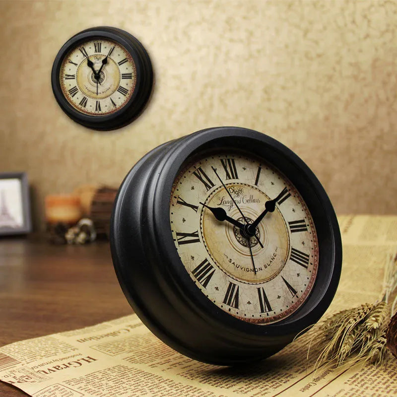 A round 6-inch retro European style desk alarm clock with a silent sweep movement on a wooden surface.