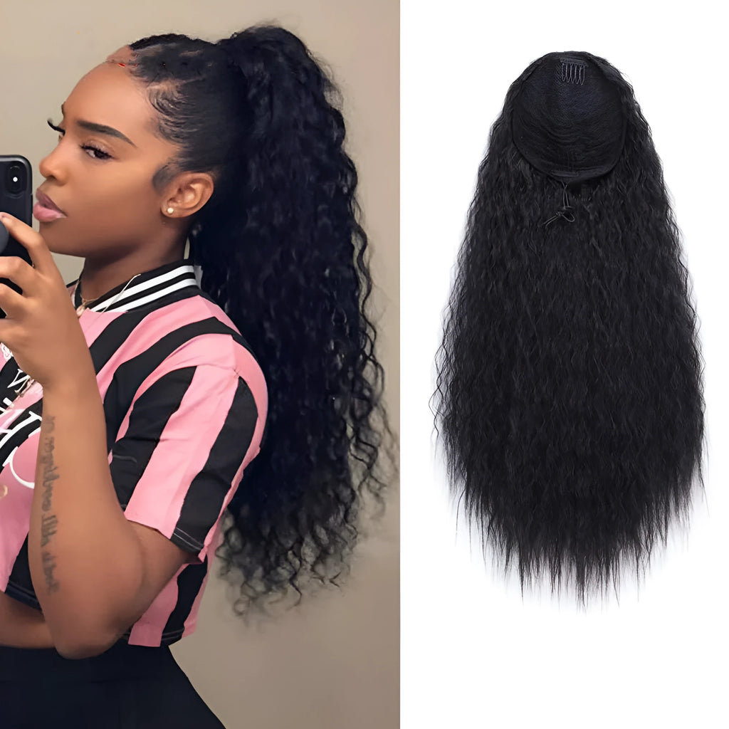 Long curly ponytail extension 22 inch black chemical fibre silk