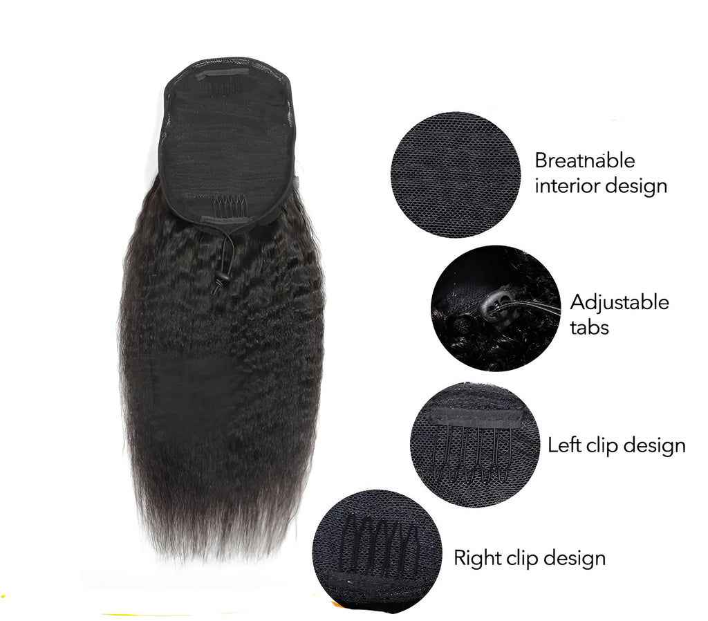 Kinky straight human hair ponytail clip-in extension, hand woven, long hair, star fashion style, 8 to 28 inch lengths