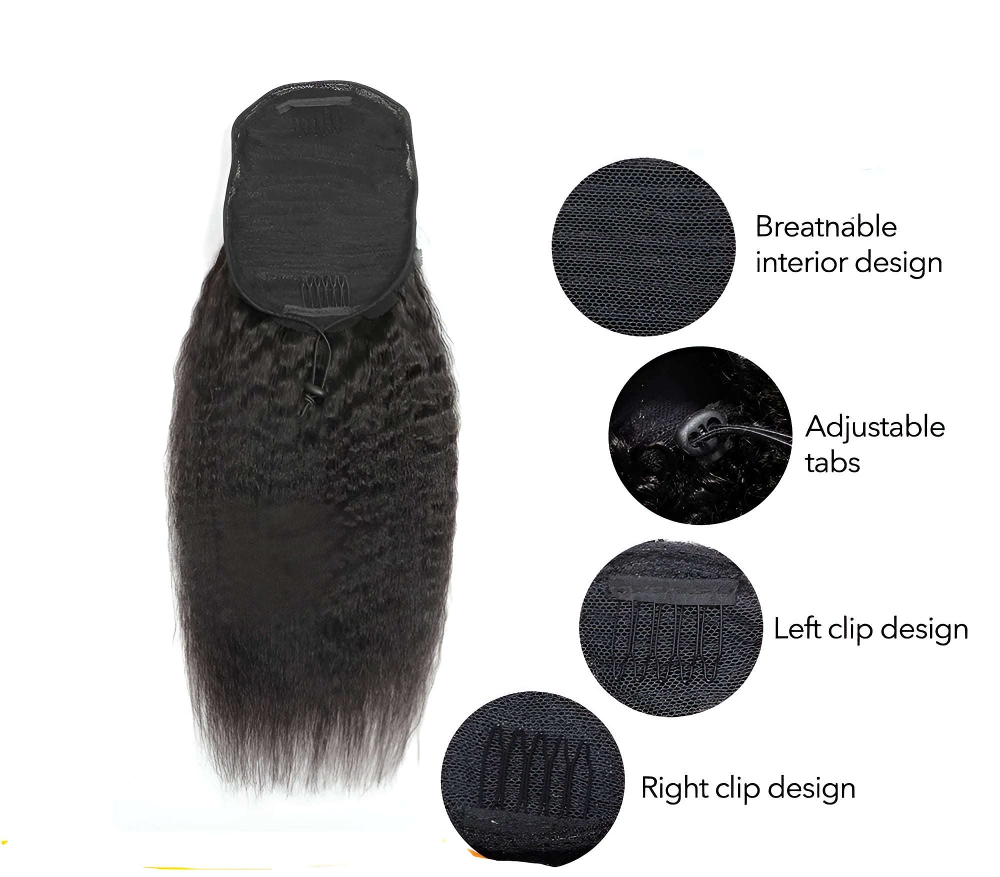 Kinky straight human hair ponytail clip-in extension, hand woven, long hair, star fashion style, 8 to 28 inch lengths