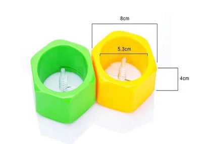 Yellow and green ABS plastic spiral vegetable cutter for slicing cucumbers, showing 8cm diameter.