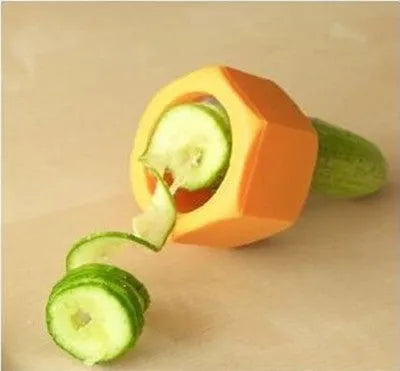 Yellow and green ABS plastic spiral vegetable cutter for slicing cucumbers, showing 8cm diameter.