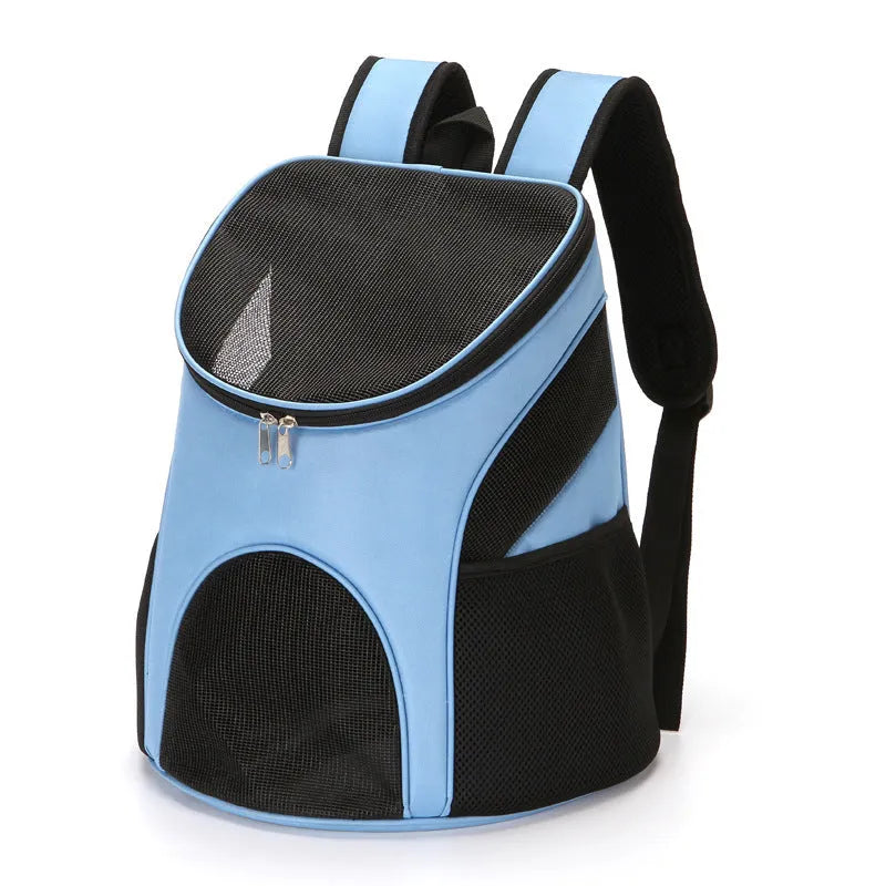 Red pet backpack carrier with ventilation windows and adjustable straps for a dog or cat.