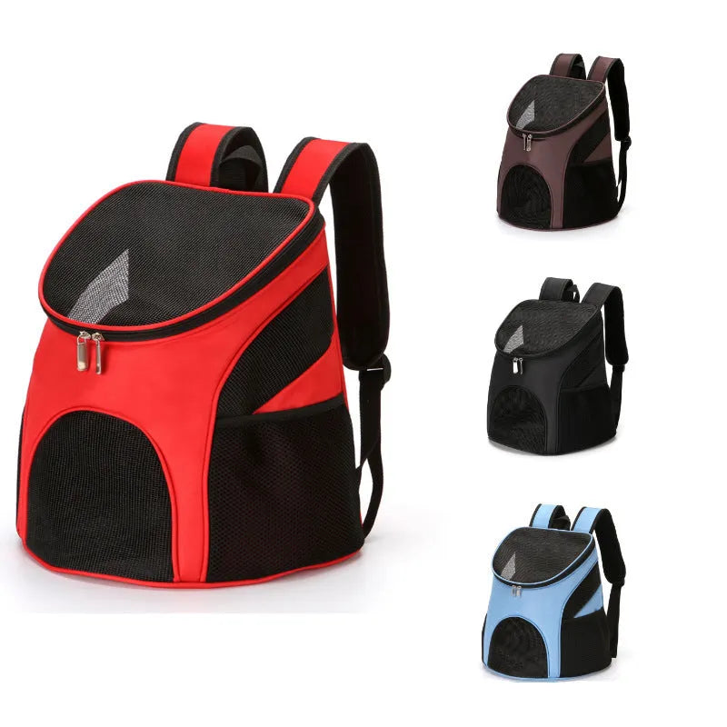 Red pet backpack carrier with ventilation windows and adjustable straps for a dog or cat.