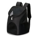 Red pet backpack carrier with ventilation windows and adjustable straps for a dog or cat.