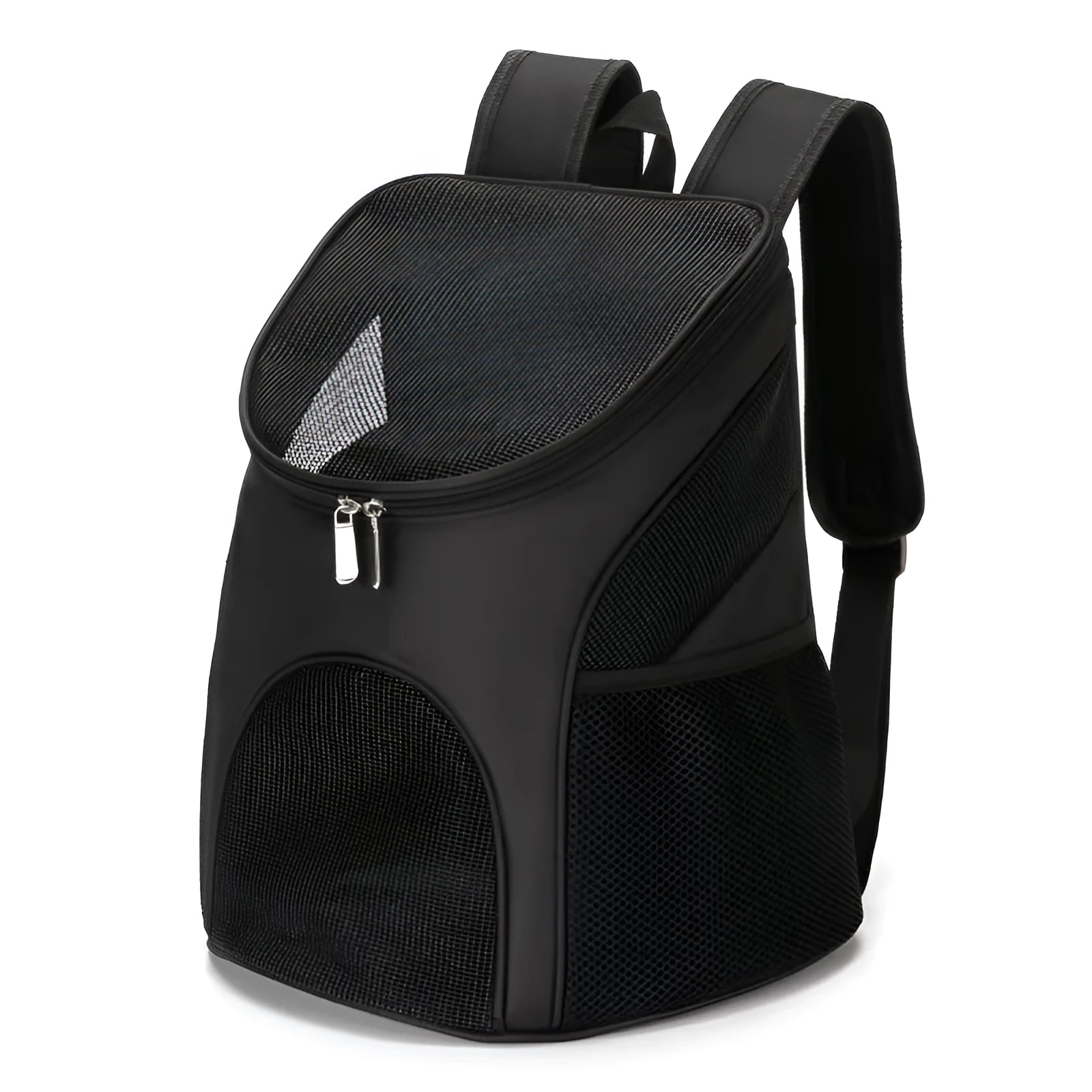 Red pet backpack carrier with ventilation windows and adjustable straps for a dog or cat.