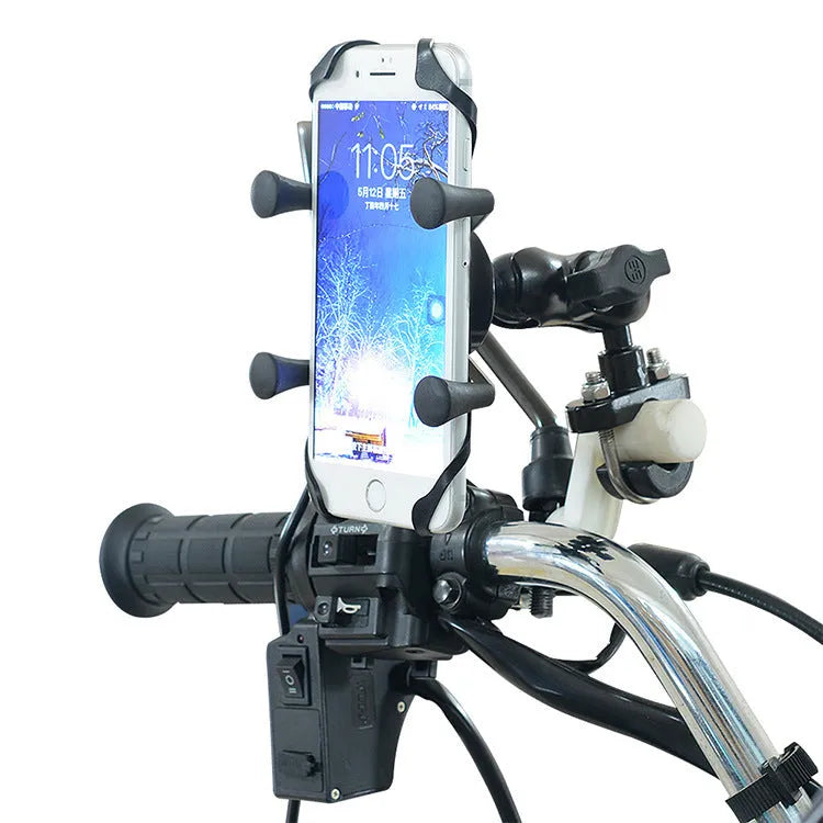 Black aluminium alloy motorcycle phone mount attached to a bicycle handlebar, showing adjustable clamp.