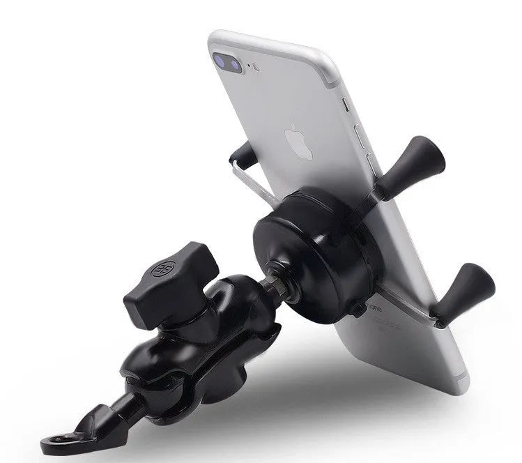 Black aluminium alloy motorcycle phone mount attached to a bicycle handlebar, showing adjustable clamp.
