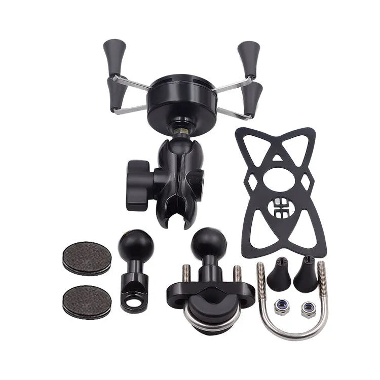 Black aluminium alloy motorcycle phone mount attached to a bicycle handlebar, showing adjustable clamp.