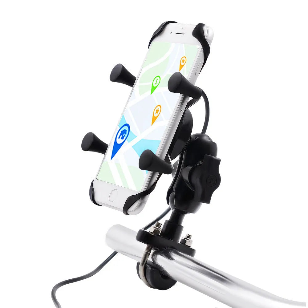 Black aluminium alloy motorcycle phone mount attached to a bicycle handlebar, showing adjustable clamp.