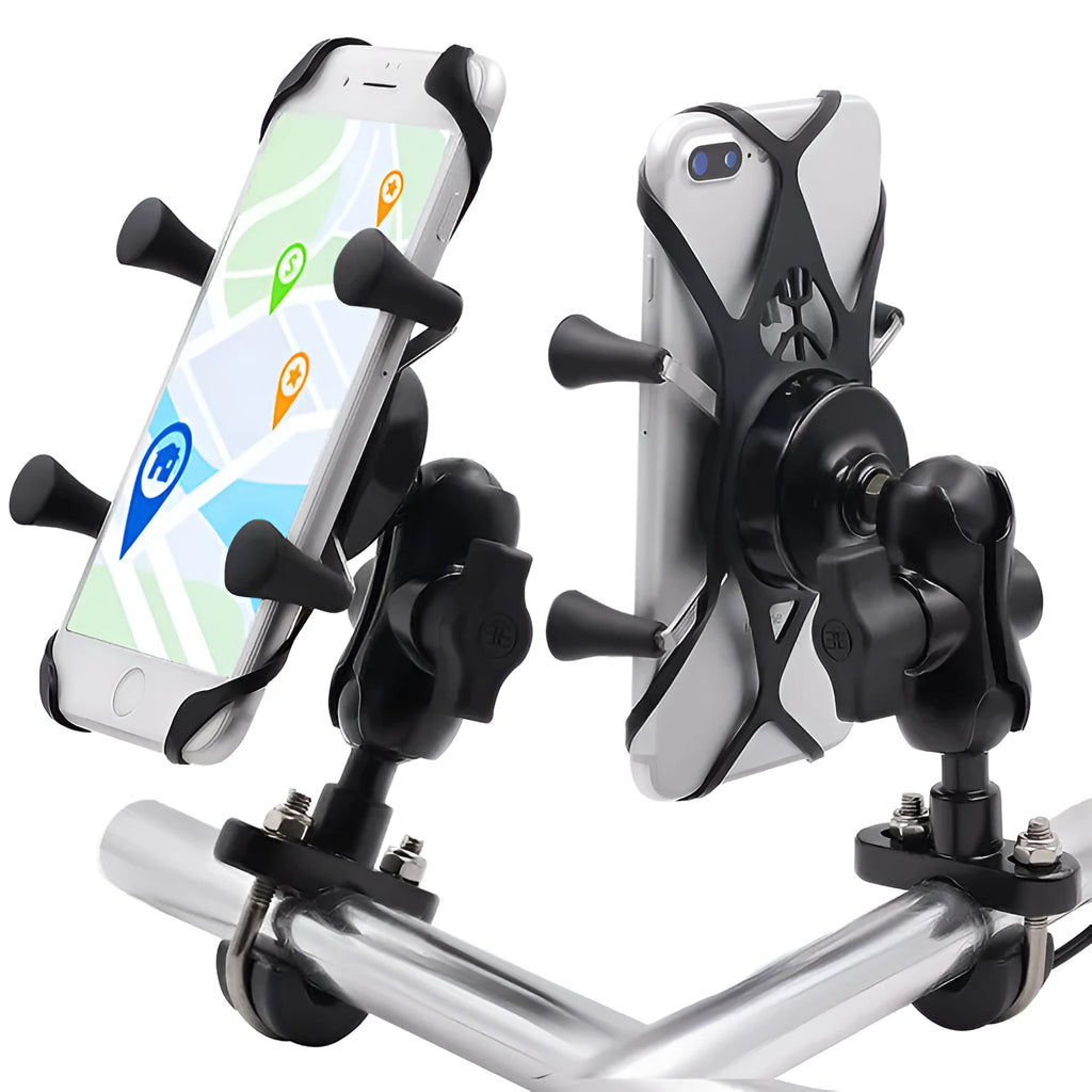 Black aluminium alloy motorcycle phone mount attached to a bicycle handlebar, showing adjustable clamp.