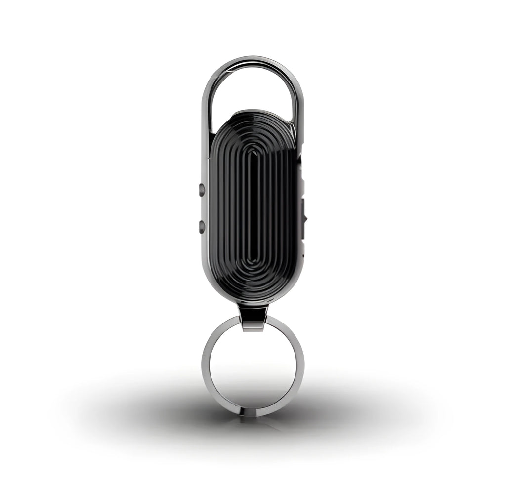 Black zinc alloy portable voice recorder with USB cable and earphones.