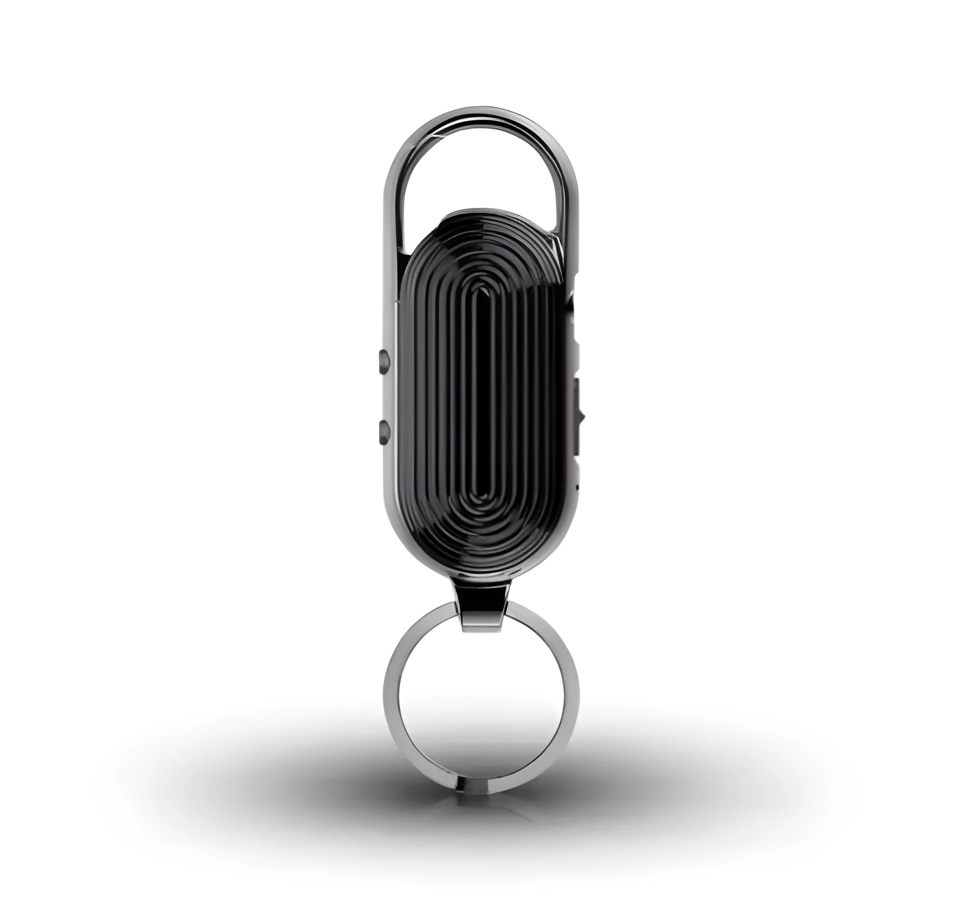 Black zinc alloy portable voice recorder with USB cable and earphones.