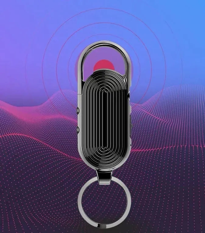 Black zinc alloy portable voice recorder with USB cable and earphones.