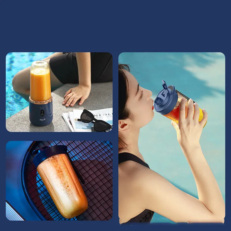 Tunisian dark blue portable USB blender with cup lid, showing compact size and 6-blade design
