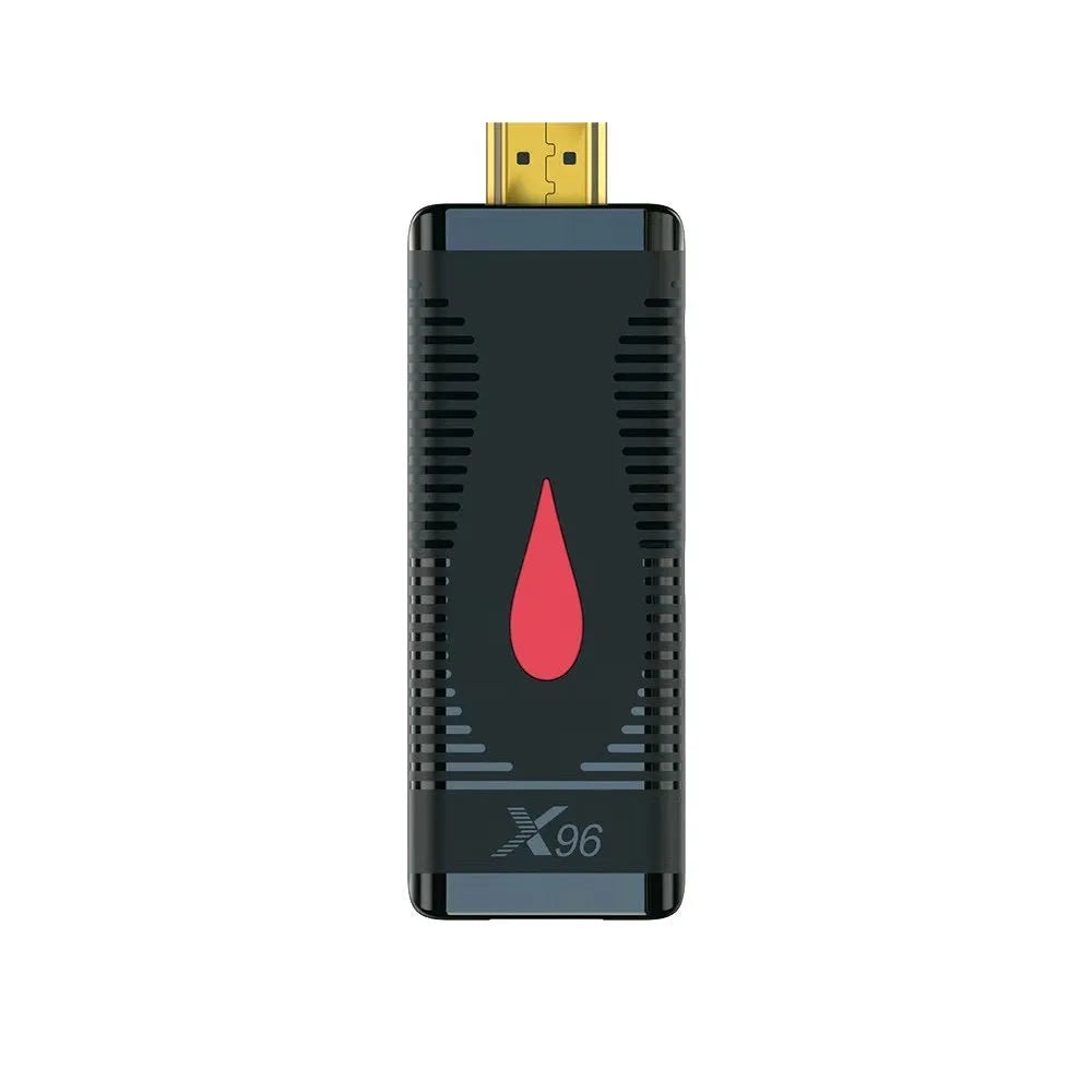 Smart network TV set-top box dongle with remote control, HDMI cable, and power supply.