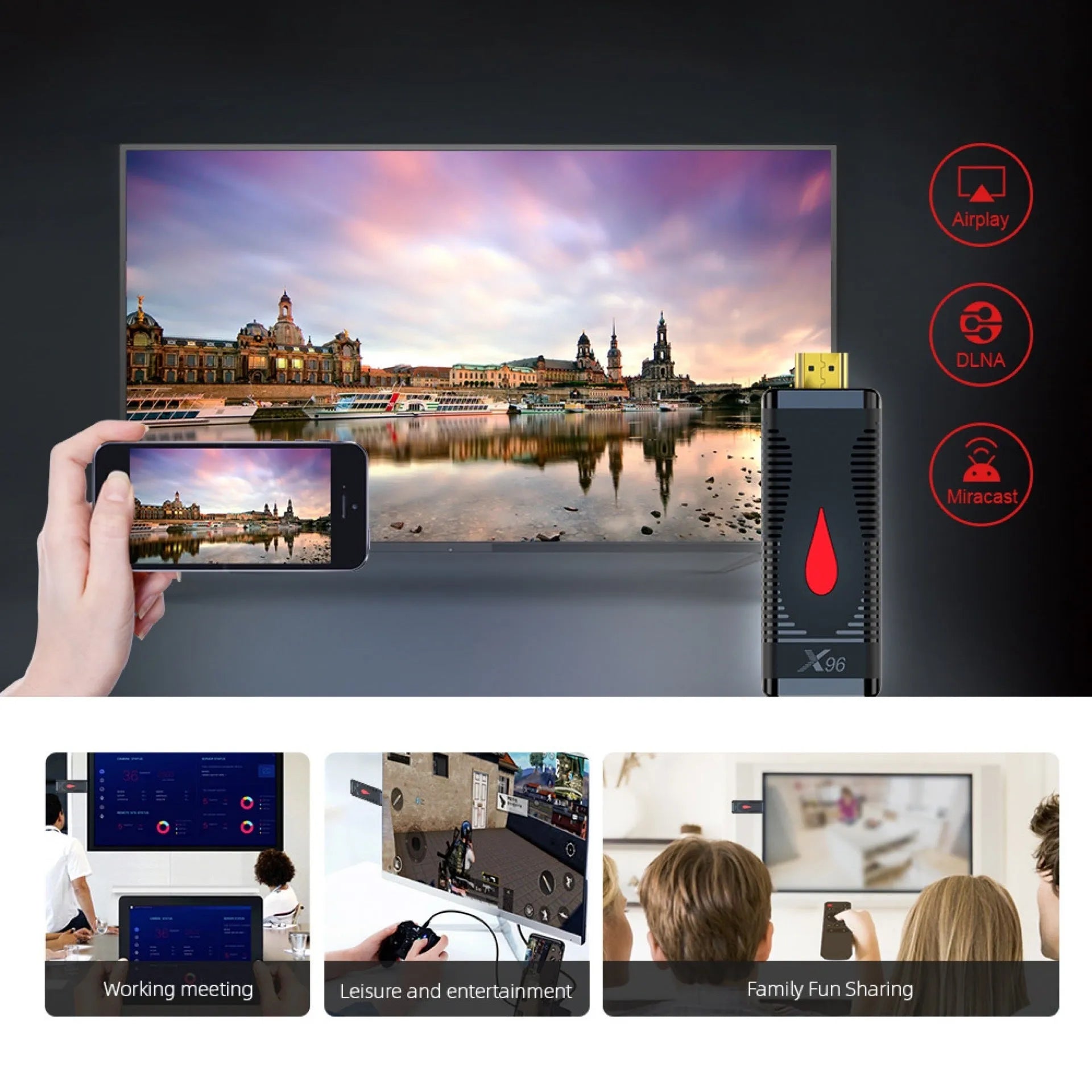 Smart network TV set-top box dongle with remote control, HDMI cable, and power supply.
