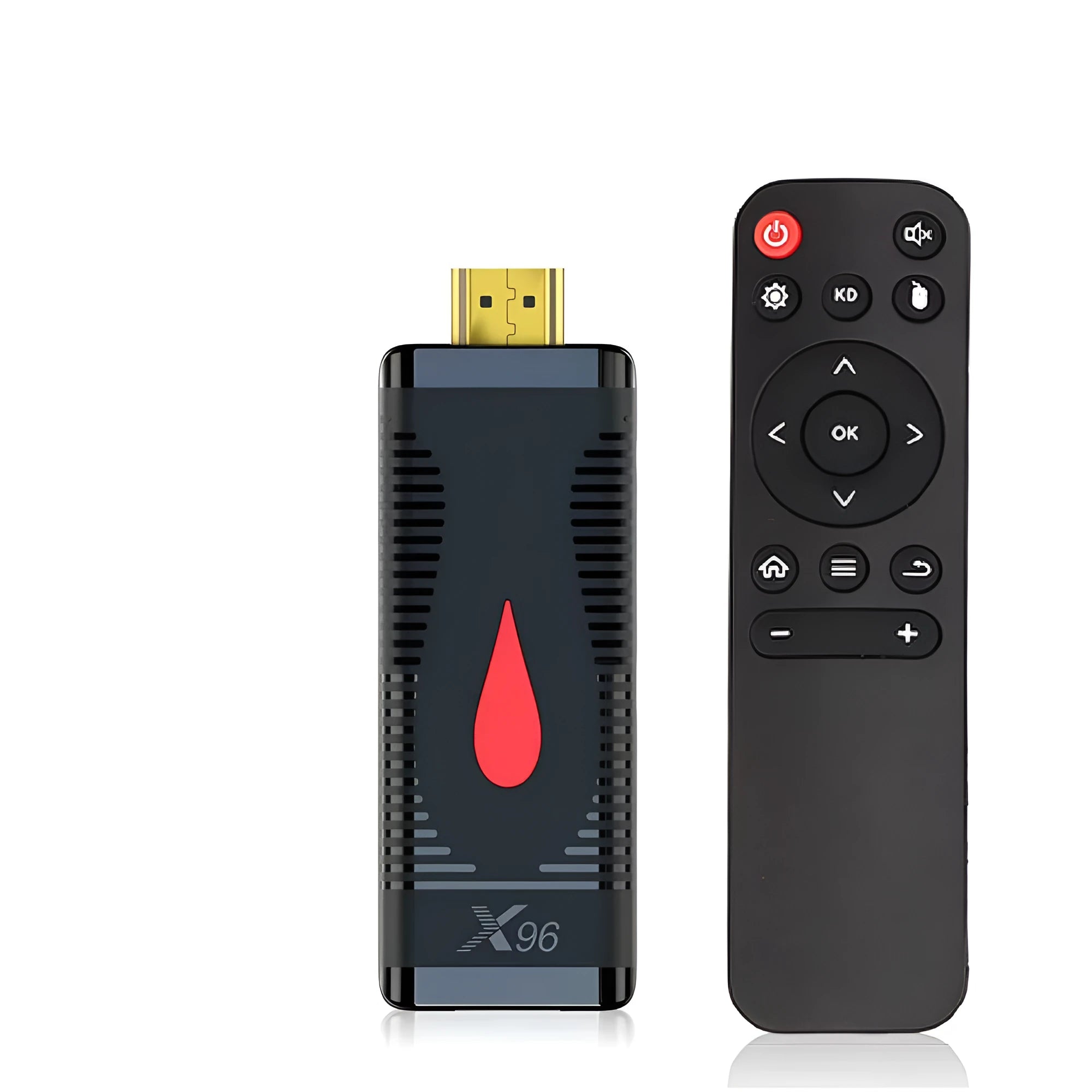 Smart network TV set-top box dongle with remote control, HDMI cable, and power supply.