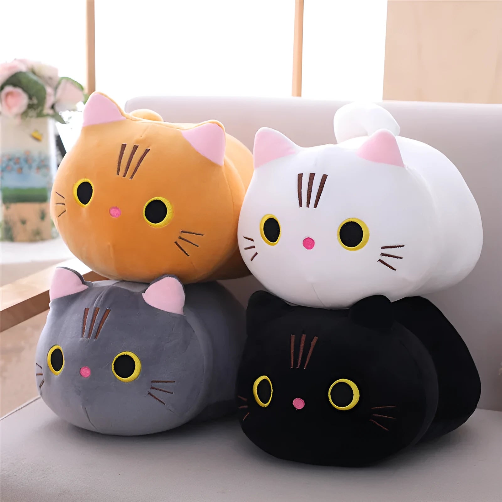 Grey fat cat plush doll with soft spandex exterior and down cotton filling measuring approximately 50cm